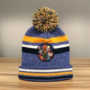 Space Jam Beanie Knit Hat One Size Blue Yellow Pom Pom LeBron Bugs Bunny Looney